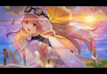 1girl :d anemoi backlighting blush boots brown_eyes brown_hair chinese_commentary commentary_request film_grain floating_hair flowingcrescent fusaba_aino goggles goggles_on_head hair_between_eyes hand_up happy highres holding holding_umbrella letterboxed long_hair looking_at_viewer ocean open_mouth outdoors shirt short_sleeves sidelocks smile solo sun sunset toy_airplane umbrella upper_body very_long_hair white_boots white_shirt