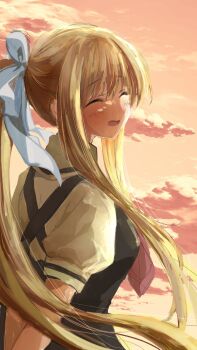 Rule 34 | 1girl, :d, ^ ^, air (visual novel), arms behind back, backlighting, black dress, blonde hair, blush, closed eyes, cloud, collared shirt, commentary request, dated commentary, dress, facing viewer, floating hair, from behind, hair between eyes, hair ribbon, highres, kamio misuzu, long hair, open mouth, orange sky, outdoors, ponytail, puffy short sleeves, puffy sleeves, ribbon, school uniform, shirt, short sleeves, sidelocks, sketch, sky, sleeveless, sleeveless dress, smile, solo, straight hair, sunset, upper body, v arms, very long hair, white ribbon, yellow shirt, yuinarakugaki
