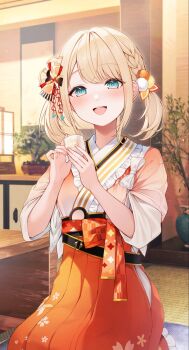 :d aqua_eyes blonde_hair commentary_request cup frilled_kimono frills hair_ornament hakama hakama_skirt highres holding holding_cup hololive indoors japanese_clothes kazama_iroha kazama_iroha_(new_year) kimono long_hair official_alternate_costume official_alternate_hairstyle open_mouth orange_hakama orange_kimono parted_hair pom_pom_(clothes) pom_pom_hair_ornament seiza short_hair sitting skirt sleeves_rolled_up smile tasuki teeth twintails tyabesu upper_teeth_only virtual_youtuber