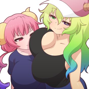 black_shirt black_tank_top blonde_hair breasts breasts_on_face heterochromia highres horns ilulu_(maidragon) kobayashi-san_chi_no_maidragon large_breasts long_hair looking_at_breasts looking_at_viewer low_twintails lucoa_(maidragon) mike_inel pink_hair red_eyes shirt shortstack size_difference smile tagme tank_top twintails