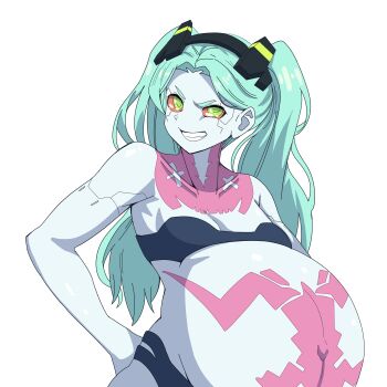 1girl absurdres breasts cleavage colored_sclera cyberpunk:_edgerunners cyberpunk_(series) female_focus green_eyes green_hair highres long_hair looking_at_viewer navel pale_skin pregnant rebecca_(cyberpunk) red_sclera small_breasts solo tattoo twintails yuhancyan