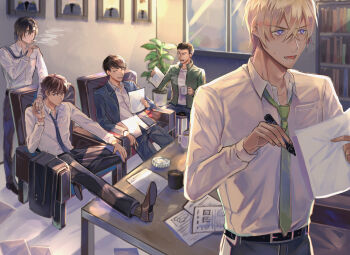 5boys ;d ^_^ amuro_tooru ashtray belt black_belt black_hair black_jacket black_pants black_shoes black_socks blonde_hair blue_eyes blue_jacket blue_necktie blue_pants bookshelf brown_hair buttons chair cigarette closed_eyes collared_shirt commentary_request crossed_bangs cup date_wataru dress_shirt facial_hair feet_on_table flower_pot green_jacket green_necktie hagiwara_kenji hair_between_eyes hand_up highres holding holding_cigarette holding_cup holding_lighter holding_marker holding_paper indoors jacket lighter long_sleeves loose_necktie male_focus marker matsuda_jinpei meitantei_conan mouth_hold mug multiple_boys necktie necktie_over_shoulder on_chair on_stool one_eye_closed open_clothes open_jacket open_mouth pants paper picture_frame plant potted_plant scotch_(meitantei_conan) shirt shirt_tucked_in shoes short_hair sitting smile smoke smoking socks steam stool stubble sweatdrop table untucked_shirt unworn_jacket white_shirt window zippo_lighter zoido