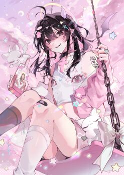1boy absurdres aegyo_sal antenna_hair asymmetrical_legwear b-kun_(eita_789) bandaid bandaid_on_knee bandaid_on_leg bare_shoulders black_collar black_eyes black_hair black_socks black_wings bottle cat chain cloud collar collarbone colored_inner_hair commentary_request demon_wings ear_piercing eita_789 feet_out_of_frame from_below grin hair_between_eyes hair_ornament halo highres holding holding_bottle horns jacket jacket_partially_removed jesus kneehighs long_hair long_sleeves looking_at_viewer midriff mismatched_legwear multicolored_hair navel on_swing original piercing pink_background pink_hair pink_jacket pink_shorts pointy_ears puffy_long_sleeves puffy_sleeves purple_horns shorts single_horn sitting slit_pupils smile socks sparkle spiked_ear_piercing star_(symbol) star_hair_ornament swing tank_top trap white_cat white_socks white_tank_top wings x_hair_ornament yami_kawaii yellow_halo yume_kawaii