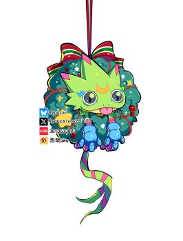 blue_gloves christmas digimon digimon_(creature) full_body gecko gekkomon gloves highres no_humans simple_background slit_pupils tongue tongue_out white_background youzaiyouzai112