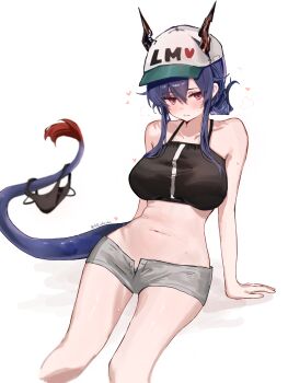 Rule 34 | 1girl, absurdres, arknights, arm support, black panties, breasts, brown horns, ch'en (arknights), ch'en (summer) (arknights), closed mouth, clothes writing, commentary, female pubic hair, grey shorts, hair between eyes, hat, heart, highres, hill chuchu, horns, horns through headwear, large breasts, looking at viewer, navel, open fly, panties, peaked cap, pink eyes, pubic hair, purple hair, purple tail, short hair with long locks, short shorts, shorts, simple background, sitting, solo, tail, twitter username, underwear, unworn panties, white background, white hat