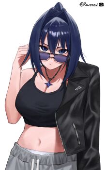 1girl :/ black_jacket black_tank_top breasts closed_mouth commentary cropped_shirt drawstring furrowed_brow grey_pants highres hololive hololive_english jacket jacket_on_shoulders jacket_partially_removed jewelry large_breasts leather leather_jacket navel necklace ouro_kronii pants purple_eyes purple_hair ravennvi short_hair simple_background solo tank_top twitter_username untranslatable_commentary virtual_youtuber white_background