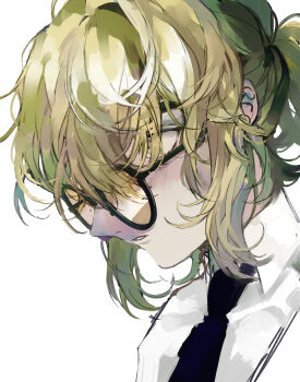 Rule 34 | 1girl, androgynous, black necktie, blonde hair, collared shirt, commentary, dress shirt, from side, glasses, highres, looking ahead, medium hair, necktie, painterly, parted lips, ponytail, portrait, profile, reverse trap, sanglom, shirt, sidelocks, simple background, solo, star fetchers, untranslatable commentary, white background, white shirt, yellow eyes, zambezi (star fetchers)