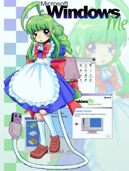 Rule 34 | 1girl, 2000s (style), ahoge, apron, blue dress, blue eyes, bow, braid, brown shoes, cable, cable tail, commentary, dress, english commentary, faux retro artstyle, green eyes, green hair, highres, holding, huge ahoge, loafers, long hair, looking at viewer, me-tan, mechanical tail, microsoft windows, open mouth, os-tan, photo-referenced, shoes, short hair, socks, solo, tail, usb, usb cable, usb tail, watermark, white socks, window (computing), windows classic, windows me, zimternet, zoom layer
