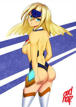 1girl aqua_eyes arc_system_works ass ass_grab back blazblue blonde_hair blush breasts deep_skin female_focus forehead_protector from_behind large_breasts long_hair looking_at_viewer mu-12 nipples oodnap parted_lips shiny_skin solo thighhighs topless_female