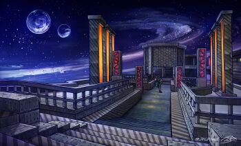 1boy armor assault_visor commentary commentary_request copyright_name doom_(series) doomguy english_commentary full_body gloves green_armor guard_rail gun gun_on_back helmet highres jpcp.wad kurashiki_nanka looking_to_the_side male_focus metal mixed-language_commentary outdoors path pillar planet road running scenery signature solo space stairs weapon weapon_on_back