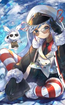 1girl absurdres aqua_eyes aqua_hair binoculars black_coat black_gloves black_necktie black_shorts closed_mouth coat fur-trimmed_coat fur-trimmed_sleeves fur_trim glasses gloves gradient_hair hair_ribbon hat hatsune_miku highres holding jacket long_hair long_sleeves looking_at_viewer looking_through_scope miku_day multicolored_hair necktie official_alternate_costume official_alternate_hairstyle omutaro rabbit rabbit_yukine red_hair red_ribbon red_shirt ribbon sailor_hat shirt short_shorts shorts sitting smile striped_clothes striped_thighhighs sunglasses thick_thighs thighhighs thighs twintails very_long_hair vocaloid white_hair white_jacket yuki_miku yuki_miku_(2022)