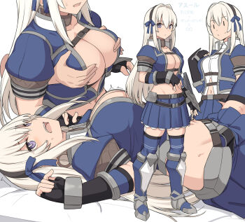 Rule 34 | 1boy, 1girl, armored boots, azure (armor), belt, blue eyes, blue shirt, blue skirt, blue thighhighs, blush, boots, breasts, capcom, cleavage, cropped shirt, fingerless gloves, full body, gloves, grabbing another's breast, grabbing from behind, groping, hairband, large breasts, long hair, looking at viewer, lying, midriff, monster hunter (series), monster hunter frontier, multiple views, navel, on back, open mouth, pleated skirt, puffy short sleeves, puffy sleeves, shirt, shiseki hirame, short sleeves, sidelocks, simple background, skirt, thighhighs, white background, white hair