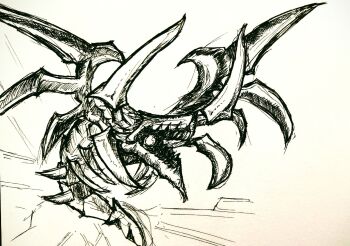 android artist_request cyberdark_dragon duel_monster highres horns machine mechanical_wings monochrome sharp_teeth sketch teeth wings yu-gi-oh!
