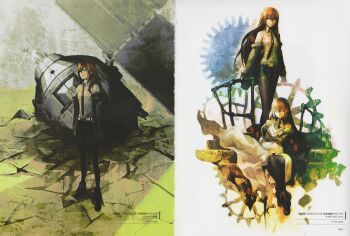 2girls absurdres arm_belt belt black_boots black_pantyhose black_shorts boots breast_pocket breasts brown_hair brown_jacket clone closed_eyes collared_shirt crying dated expressionless fg204 floating_clothes gears hair_between_eyes hair_over_shoulder highres hugging_clothes huke jacket jacket_partially_removed lab_coat leather_belt looking_at_viewer makise_kurisu multiple_girls necktie non-web_source official_art pantyhose pocket purple_eyes purple_trim red_necktie ringed_eyes scan science_adventure shirt shorts sitting small_breasts square_pupils steins;gate steins;gate:_fuka_ryouiki_no_dejavu streaming_tears tears thick_thighs thighs thighs_together time_machine white_background white_belt white_shirt zipper_footwear