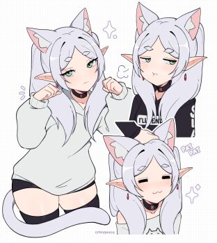 1girl :3 =_= absurdres alternate_costume animal_ears artist_name black_choker black_shirt black_shorts black_thighhighs cat_ears cat_girl cat_tail choker cremanata cropped_legs earrings expressionless floating_earrings frieren green_eyes grid_background hair_over_shoulder hands_up headpat highres jewelry jitome long_sleeves looking_to_the_side micro_shorts multiple_views off-shoulder_shirt off_shoulder parted_bangs paw_pose petite pointy_ears pout shirt shorts sousou_no_frieren sweater tail thick_eyebrows thighhighs twintails white_hair white_sweater