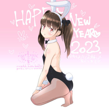 1girl 2023 absurdres animal_ears bare_shoulders black_bow black_bowtie black_leotard blush bow bowtie brown_hair brown_pantyhose chinese_zodiac collar commentary_request detached_collar from_side full_body hair_bow hairband happy_birthday highres kneeling leotard long_hair looking_at_viewer looking_to_the_side mayafufu no_shoes original pantyhose parted_lips playboy_bunny profile rabbit_ears rabbit_tail red_eyes revision soles solo strapless strapless_leotard tail text_background translation_request twintails white_collar white_hairband wrist_cuffs year_of_the_rabbit