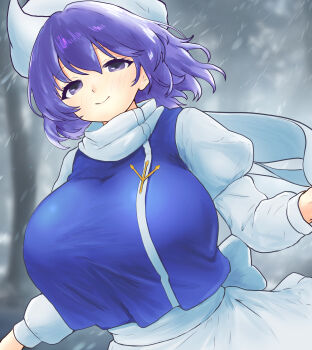 1girl blue_vest blush breasts commentary_request dress hair_between_eyes hat highres hinben huge_breasts letty_whiterock long_sleeves looking_at_viewer medium_hair purple_eyes purple_hair smile snowing solo touhou upper_body vest white_dress