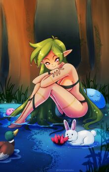 1girl absurdres bird cheerfuljonsku digitalart dryad_(terraria) duck flower forest hair_down highres lake nature rabbit slime solo terraria water