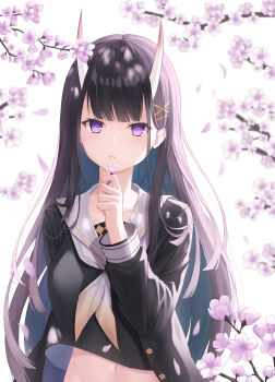 1girl absurdres azur_lane black_cardigan black_hair black_serafuku black_skirt branch breasts cardigan commentary flower hair_ornament hairclip highres holding holding_flower horns hukw long_hair long_sleeves looking_at_viewer medium_breasts midriff_peek neckerchief noshiro_(azur_lane) oni pink_flower purple_eyes sailor_collar school_uniform serafuku skin-covered_horns skirt solo upper_body very_long_hair white_neckerchief white_sailor_collar x_hair_ornament