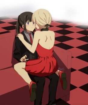 2girls black_hair black_jacket black_pants black_suit blonde_hair collared_shirt commentary_request dress eye_contact formal_clothes hair_up hand_on_another&#039;s_shoulder highres inoue_takina jacket kage_ochi long_hair looking_at_another lycoris_recoil multiple_girls necktie nishikigi_chisato pants ponytail purple_eyes red_dress red_necktie red_shoes shirt shoes sitting sitting_on_lap sitting_on_person suit tile_floor tiles white_shirt yuri