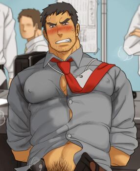 1boy arms_behind_back bara beard_stubble black_hair blurry blurry_background blush collared_shirt commentary_request covered_erect_nipples doujima_ryoutarou facial_hair grey_shirt indoors large_pectorals male_focus male_pubic_hair mature_male necktie office pectorals persona persona_4 pubic_hair red_necktie shirt short_hair solo_focus stubble tukinen
