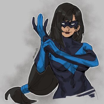1girl adjusting_clothes adjusting_gloves batman_(series) black_bodysuit black_hair bodysuit breasts cosplay dc_comics final_fantasy final_fantasy_vii gloves highres long_hair low-tied_long_hair medium_breasts nightwing nightwing_(comic) nightwing_(cosplay) simple_background solo square_enix standing strawderryst tifa_lockhart upper_body