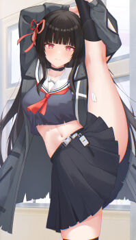 1girl absurdres arms_up black_choker black_hair black_jacket black_serafuku black_skirt breasts chisa_(wuthering_waves) choker collarbone commentary hair_ribbon highres jacket long_hair long_sleeves looking_at_viewer navel neckerchief qinghong_daoren red_eyes red_neckerchief red_ribbon ribbon sailor_collar school_uniform serafuku skirt smile solo split standing standing_on_one_leg standing_split stomach symbol-shaped_pupils thighs underwear white_sailor_collar wuthering_waves