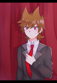 Rule 34 | 1boy, adjusting clothes, adjusting necktie, animification, antenna hair, black jacket, black suit, brown hair, collared shirt, commentary, curtains, derivative work, eddsworld, english commentary, flipped hair, formal clothes, hair behind ear, hair ears, jacket, jitome, letterboxed, light blush, long sleeves, looking at viewer, male focus, molechan, necktie, official alternate costume, red eyes, red necktie, screenshot redraw, shirt, short hair, signature, solo, suit, sweatdrop, tord (eddsworld), upper body, white shirt