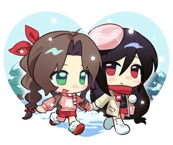 2girls aerith_gainsborough alternate_costume black_hair blush braid braided_ponytail brown_hair chibi chibi_only closed_mouth coat final_fantasy final_fantasy_vii full_body gloves green_eyes hair_between_eyes hair_ribbon hashtag-only_commentary hat heart heart_frame highres long_hair multiple_girls open_clothes open_coat open_mouth outdoors parted_bangs pink_gloves pink_hat pink_sweater red_eyes red_ribbon red_scarf red_skirt ribbon scarf shuisrs skirt snow snowing sweater tifa_lockhart walking white_gloves winter_clothes