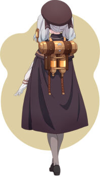 1girl anime_coloring beret black_shoes brown_background brown_cloak brown_hat brown_ribbon cloak collared_cloak from_behind full_body gloves grey_hair grey_pantyhose hair_ribbon hat lack loafers long_hair long_sleeves official_art open_hand outstretched_arm pantyhose prima_doll_(anime) retzel_(prima_doll) ribbon shoes solo standing twintails two-tone_background white_background white_gloves