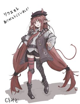 Rule 34 | 1girl, arknights, asymmetrical legwear, black boots, black hat, black skirt, black thighhighs, boots, bright pupils, commentary, d:, demon girl, demon horns, demon tail, fan request, full body, grey jacket, hair ornament, hairclip, hat, highres, horns, horns through headwear, jacket, kuramidomoyasi, long hair, long sleeves, looking at viewer, low-tied long hair, low twintails, miniskirt, mismatched legwear, necktie, newsboy cap, open clothes, open jacket, open mouth, pointy ears, red hair, red necktie, red thighhighs, shirt, simple background, skirt, solo, tail, thighhighs, twintails, very long hair, vigna (arknights), white background, white pupils, white shirt, zettai ryouiki