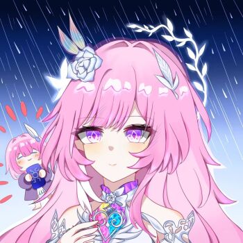 2girls as_i've_written_(honkai:_star_rail) bare_shoulders book chinese_commentary coat commentary_request cyrene_(demiurge)_(honkai:_star_rail) cyrene_(honkai:_star_rail) cyrene_(philia093)_(honkai:_star_rail) diamond-shaped_pupils diamond_(shape) dress dual_persona flower hair_flower hair_intakes hair_ornament holding holding_book honkai:_star_rail honkai_(series) klmyt524 long_hair multiple_girls pink_hair purple_coat purple_eyes rain smile symbol-shaped_pupils very_long_hair white_dress