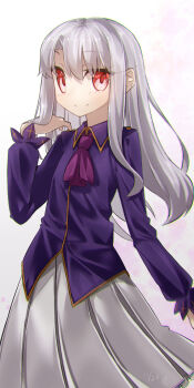 1girl ascot breasts collared_shirt commentary_request fate/stay_night fate_(series) highres illyasviel_von_einzbern long_hair long_sleeves looking_at_viewer purple_shirt red_eyes shirt sidelocks skirt small_breasts smile solo white_hair white_skirt yubeshi_(zecxl)