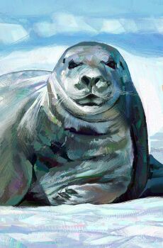 animal_focus blue_sky day facing_viewer highres looking_at_viewer no_humans original outdoors painterly seal_(animal) sky snow twulfs