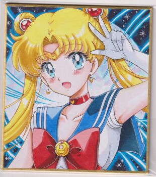 1girl bishoujo_senshi_sailor_moon blonde_hair blue_eyes blue_sailor_collar blush bow bowtie chikoto_(kztc4472) choker circlet close-up closed_mouth commentary double_bun gloves hair_bun hand_up highres long_hair looking_at_viewer magical_girl open_mouth parted_bangs portrait red_bow red_bowtie sailor_collar sailor_moon sailor_senshi_uniform shirt short_sleeves smile solo traditional_media tsukino_usagi twintails upper_body v white_gloves white_shirt yellow_choker