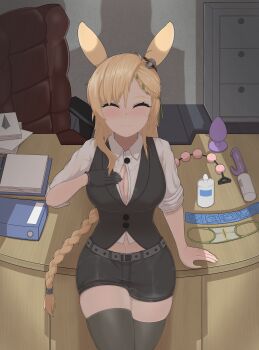 1girl 1other ^_^ a_bai absurdres anal_beads animal_ears arknights belt belt_buckle black_belt black_gloves black_shorts black_vest blonde_hair blush braid breasts buckle button_gap chair chinese_commentary cleavage closed_eyes closed_mouth collared_shirt commentary_request condom condom_wrapper desk dildo doctor_(arknights) facing_viewer gloves green_ribbon grey_thighhighs hair_ribbon highres indoors kroos_(arknights) large_breasts leather leather_shorts long_hair navel paper partial_commentary ribbon sex_toy shirt shorts single_glove sleeves_rolled_up smile thighhighs vest waistcoat white_shirt