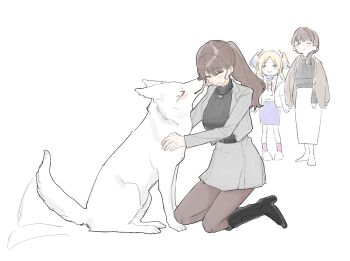 Rule 34 | > <, 3girls, :d, = =, ^ ^, basil (wgh0anzdple3asf), black boots, black pantyhose, black sweater, blonde hair, blue hair, boots, breasts, brown hair, closed eyes, commentary, dog, down jacket, dress, formal clothes, fujishima megumi, fujishima megumi's mother, fujishima megumi (post-graduation), german shepherd, gradient hair, grey jacket, grey skirt, grey suit, hair over shoulder, harino (love live!), heart, heart necklace, highres, hood, hoodie, jacket, jewelry, knee boots, large breasts, licking, licking another's face, link! like! love live!, long hair, love live!, low side ponytail, medium dress, miniskirt, mother and daughter, multicolored hair, multiple girls, necklace, open clothes, open jacket, open mouth, osawa rurino, osawa rurino (winter casual), pantyhose, pleated skirt, purple dress, simple background, skirt, smile, suit, suit jacket, sweater, symbol-only commentary, turtleneck, turtleneck sweater, twintails, virtual youtuber, white background, white dog, white hoodie