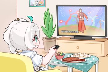 1boy 1girl ahoge blue_eyes chair chibi closed_mouth commentary_request controller couch dress dumpling fish_(food) flower_pot food green_eyes green_hair highres holding holding_controller indoors jiaozi peanut plant plate potted_plant quanmian_shidai remote_control short_sleeves side_ponytail sitting table television tree wen_xiaomian wenxiaomian_family white_hair window