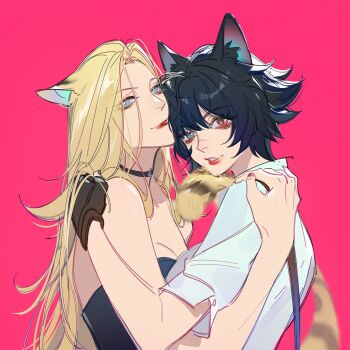 2girls alternate_form animal_ears bare_shoulders black_hair blonde_hair blue_eyes breasts cat_ears cat_tail chinese_commentary choker cleavage collar commentary_request couple devil_may_cry devil_may_cry_(series) devil_may_cry_3 fang fingerless_gloves gloves green_eyes hair_between_eyes heterochromia highres hug lady_(devil_may_cry) long_hair looking_at_viewer medium_breasts multiple_girls pink_background red_eyes red_lips scar scar_on_face scar_on_nose shirt short_hair skin_fang smile strapless tail trish_(devil_may_cry) tube_top upper_body warsong_zhange yuri