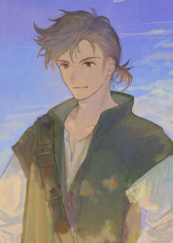 1boy alfyn_greengrass belt brown_belt brown_eyes brown_hair chest_belt closed_mouth cloud commentary_request fujie_xy green_shirt highres layered_clothes light_smile long_sleeves male_focus octopath_traveler octopath_traveler_i open_clothes open_shirt ponytail popped_collar shirt short_ponytail sideburns sky solo upper_body vest white_shirt