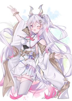 Rule 34 | 1girl, arm up, baki (duel masters), bangle, bracelet, breasts, brown hair, cleavage, cleavage cutout, clothing cutout, commentary, commentary request, double v, duel masters, fang, gradient clothes, hair between eyes, hair ornament, highres, horns, japanese clothes, jewelry, kimono, long hair, multicolored hair, one eye closed, open mouth, pink eyes, pink hair, solo, untranslatable commentary, thigh strap, thighhighs, two side up, v, we usagi, white hair, white kimono