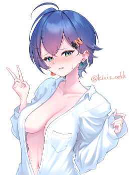 1girl ahoge aimo_wotku belle_(zenless_zone_zero) blue_hair blush breasts breasts_apart collarbone collared_shirt commentary_request crossed_bangs double-parted_bangs dress_shirt earclip earrings embarrassed furrowed_brow green_eyes hair_between_eyes hands_up highres jewelry large_breasts looking_at_viewer naked_shirt navel nose_blush open_clothes open_mouth open_shirt oversized_clothes oversized_shirt paid_reward_available shirt short_hair sleeves_past_wrists solo sweatdrop tsurime twitter_username upper_body v variant_set wavy_mouth white_shirt wolf_cut zenless_zone_zero