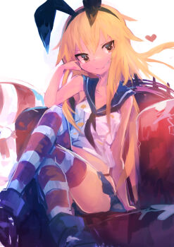 Rule 34 | 1girl, absurdres, animal ears, blonde hair, buoy, commentary request, crossed legs, female focus, hand on own face, heart, highres, kaamin (mariarose753), kantai collection, lifebuoy, looking at viewer, multicolored legwear, rabbit ears, school uniform, serafuku, shimakaze (kancolle), sitting, skirt, smile, solo, swim ring, thighhighs, yellow eyes