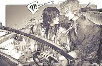 !? 2boys artist_name belt bishounen black_hair blue_eyes box car car_interior cigarette closed_eyes clothes_grab collared_shirt dress driving eyelashes fang highres holding holding_box jacket jewelry long_hair looking_at_another male_focus monochrome motor_vehicle mouth_hold multiple_boys necktie necktie_grab neckwear_grab original pants seatbelt shirt short_hair signature sitting sleeves_rolled_up smoking speech_bubble spoken_interrobang spot_color starember steering_wheel teeth_hold watch watermark weibo_watermark wristwatch yaoi