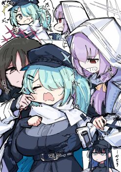 4girls ^_^ aqua_hair atsuko's_grin_(meme) atsuko_(blue_archive) baseball_cap black_hair black_hat black_shirt black_sweater blue_archive blue_eyes blue_hair brown_hair cheek_pinching closed_eyes coat colored_inner_hair commentary_request hair_between_eyes hair_ornament hair_over_one_eye hairclip halo hat highres hiyori_(blue_archive) hood hood_up jacket maro4ka meme misaki_(blue_archive) multicolored_hair multiple_girls newsboy_cap pinching purple_hair red_eyes saori_(blue_archive) scarf shirt short_hair sidelocks sleeveless sleeveless_shirt speech_bubble sweater translation_request two-tone_hair wavy_mouth white_coat white_jacket white_scarf