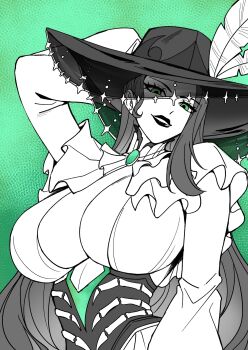 1girl arm_behind_head black_hat black_lips breasts brooch cleavage_cutout clothing_cutout commentary corset english_commentary frills gathers gem green_background green_eyes green_gem hand_on_own_head hat hat_feather hela_(marvel) hela_(the_grim_lady)_(marvel) highres huge_breasts jewelry long_hair long_sleeves looking_at_viewer looking_down marvel marvel_rivals official_alternate_costume parted_lips partially_colored picture_hat ryuukuarts see-through_clothes see-through_veil shirt smile solo teeth upper_body veil very_long_hair white_shirt