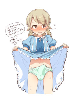 1boy @_@ april_fools artist_self-insert bad_id bad_pixiv_id blonde_hair blush bulge clothes_lift crossdressing crossdressing_(mtf) drill_hair flying_sweatdrops genderswap genderswap_(ftm) idolmaster idolmaster_cinderella_girls lifting_own_clothes morikubo_nono navel panties penis skirt skirt_lift solo solo_focus sweat translated trap uccow underwear white_background