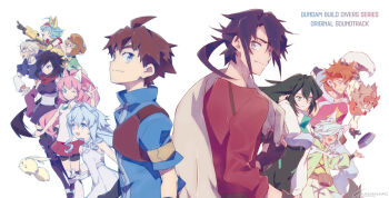 Rule 34 | 1other, 5girls, 6+boys, album cover, animal, animal ears, aqua eyes, ayame (gundam build divers), black hair, blue eyes, blue hair, bodysuit, brown eyes, brown hair, cat ears, cover, dog ears, everyone, fox ears, freddie (gundam build divers re:rise), frown, furry, gundam, gundam build divers, gundam build divers re:rise, hair over one eye, hand in own hair, hara kazuhiro, hidaka yukio, kuga hiroto, light smile, looking back, may (gundam build divers re:rise), mechanical ears, mikami riku, molly (gundam build divers), momo (gundam build divers), multiple boys, multiple girls, nami (gundam build divers), nanase kouichi, nanase nanami (gundam build divers), ninja, official art, on shoulder, parviz (gundam build divers re:rise), pink hair, red shirt, sara (gundam build divers), second-party source, shirt, shrug (clothing), torimachi kazami, watermark, white background, yashiro momoka