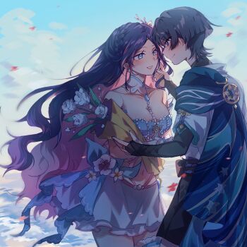 Rule 34 | 1boy, 1girl, animal print, armor, bandeau, bare shoulders, belt, bird print, black belt, black bow, black bridal gauntlets, black hair, black shorts, blue bandeau, blue cape, blue eyes, blue sky, blue sleeves, blue trim, blunt ends, blush, bodysuit, bouquet, bow, braid, breasts, bridal gauntlets, cape, cleavage, closed mouth, clothing cutout, cloud, cloudy sky, collarbone, colored inner hair, couple, crown braid, detached collar, earrings, eye contact, eyelashes, face-to-face, falling leaves, fingernails, flower, frilled thigh strap, genshin impact, gift art, grey hair, hand on another's face, hetero, highres, hip vent, holding, holding bouquet, japanese armor, japanese clothes, jewelry, kimono, kote, kurokote, layered sleeves, leaf, long hair, looking at another, medium breasts, multicolored hair, navel, oc x canon, open mouth, original, outdoors, parted bangs, pink hair, pink lips, pleated skirt, purple eyes, purple rope, purple sash, rope, rose, sash, scaramouche (genshin impact), second-party source, short sleeves, shorts, sideways mouth, skirt, sky, smile, thigh strap, turtleneck, turtleneck bodysuit, very long hair, wanderer (genshin impact), wavy hair, white flower, white kimono, white mouth, white rose, white skirt, white sleeves, white trim, yunhhj