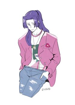1boy artist_name character_print cowboy_shot cropped_legs denim findoworld flower flower_in_pocket half_updo hand_in_pocket highres jacket jeans jewelry jinshi_(kusuriya_no_hitorigoto) kusuriya_no_hitorigoto long_hair male_focus maomao_(kusuriya_no_hitorigoto) necklace pants parted_bangs pink_jacket ponytail print_shirt purple_eyes purple_hair red_flower shirt sketch solo torn_clothes torn_jeans torn_pants white_background